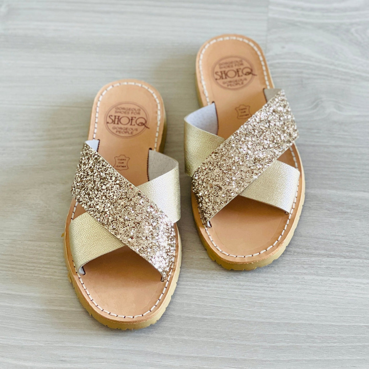 Crossover Slide in Champagne Glitter - Shoeq