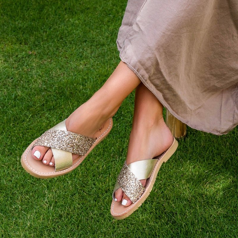 Crossover Slide in Champagne Glitter - Shoeq