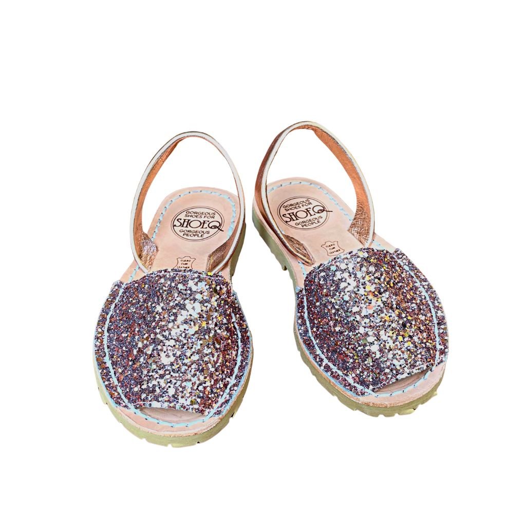 Mädchen Glitzer Sandalen Avarca Kinderschuh Mit Pailletten & Leder Riemchen Bunt