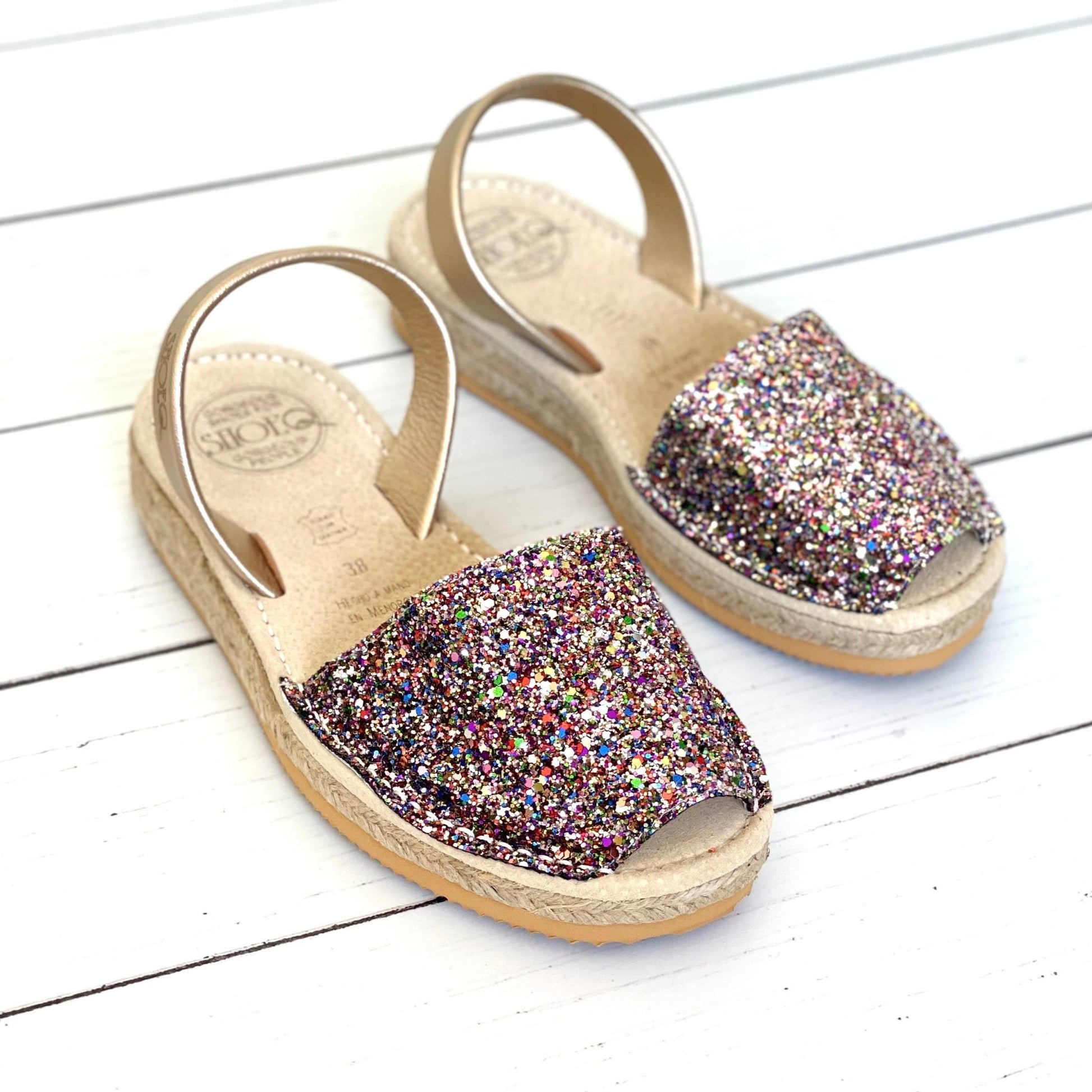 Micro Espadrille Wedge in Rainbow Gold Glitter - Shoeq