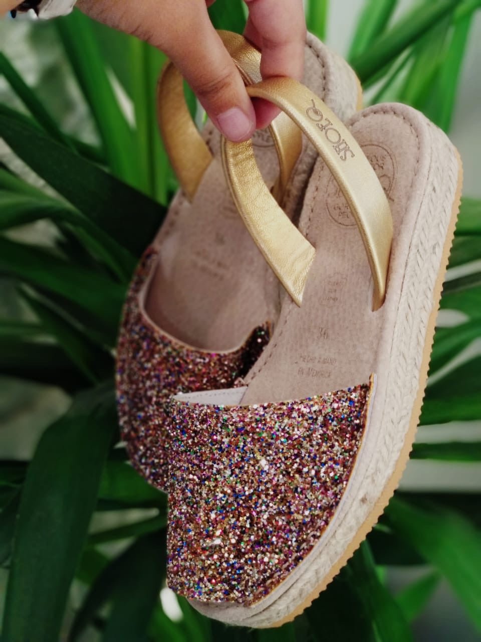 Micro Espadrille Wedge in Rainbow Gold Glitter - Shoeq