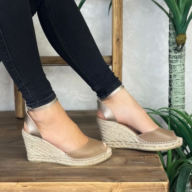 Peep Toe Espadrille Wedge in Bronzed Mocha - Shoeq