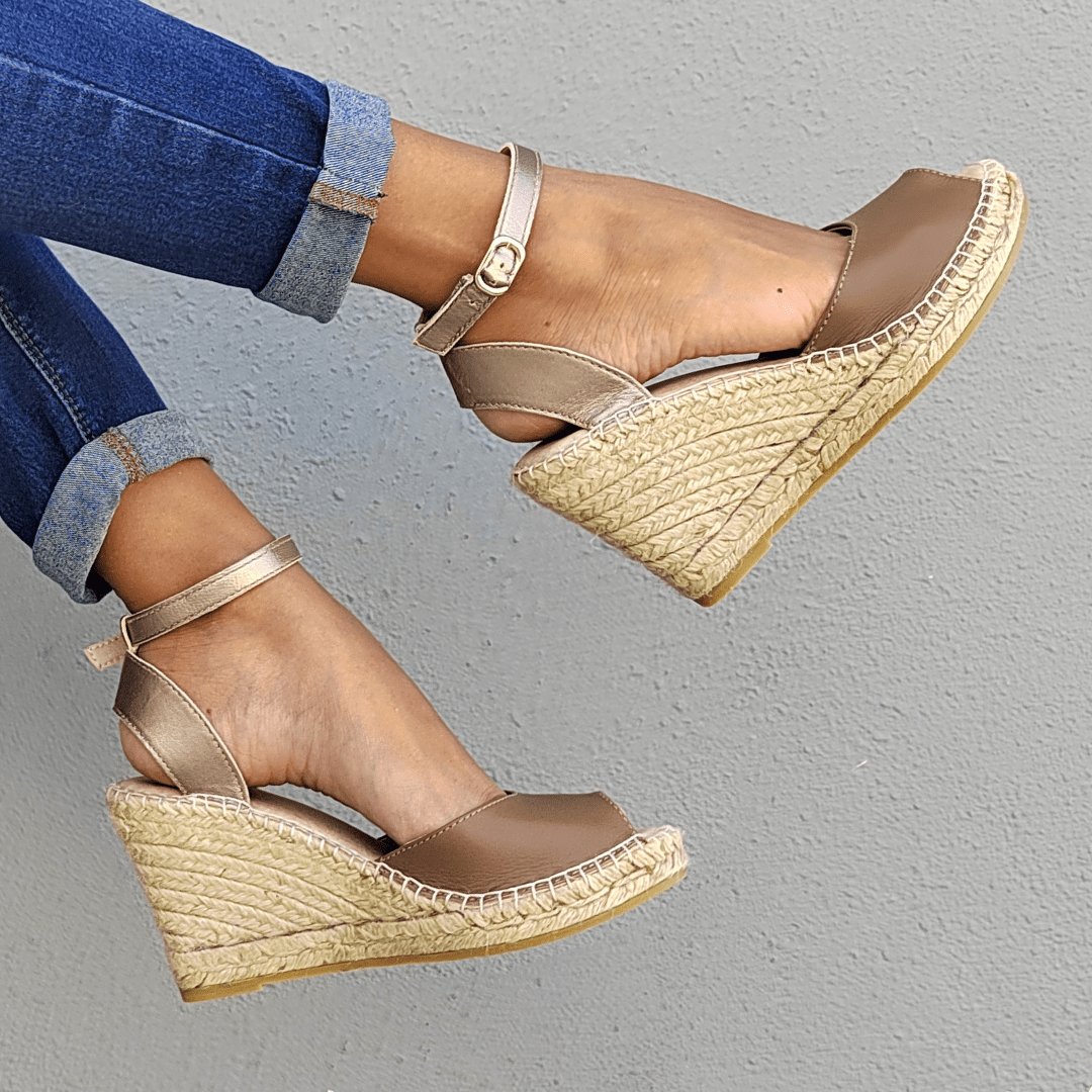 Peep Toe Espadrille Wedge in Bronzed Mocha - Shoeq