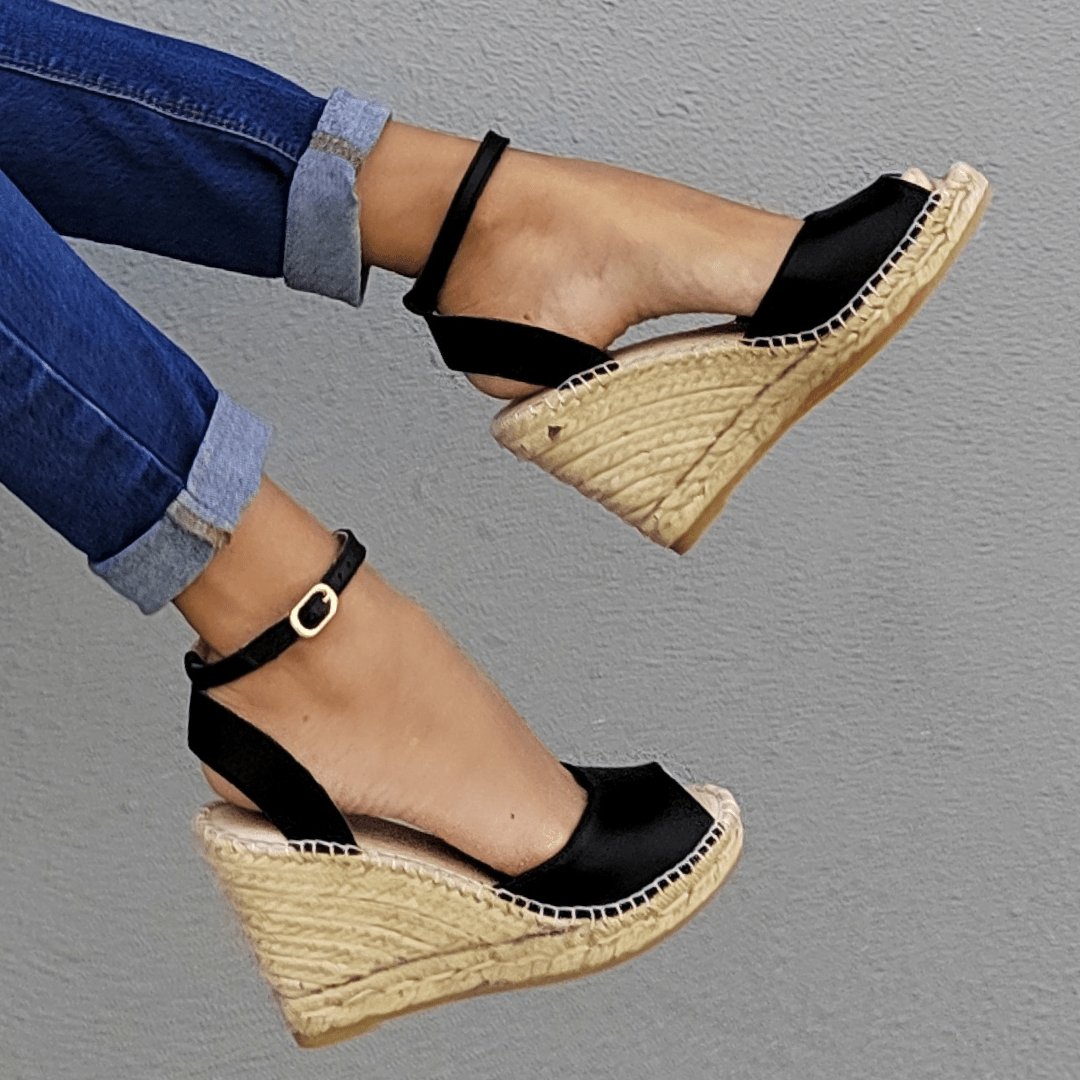 Peep Toe Espadrille Wedge in Midnight - Shoeq