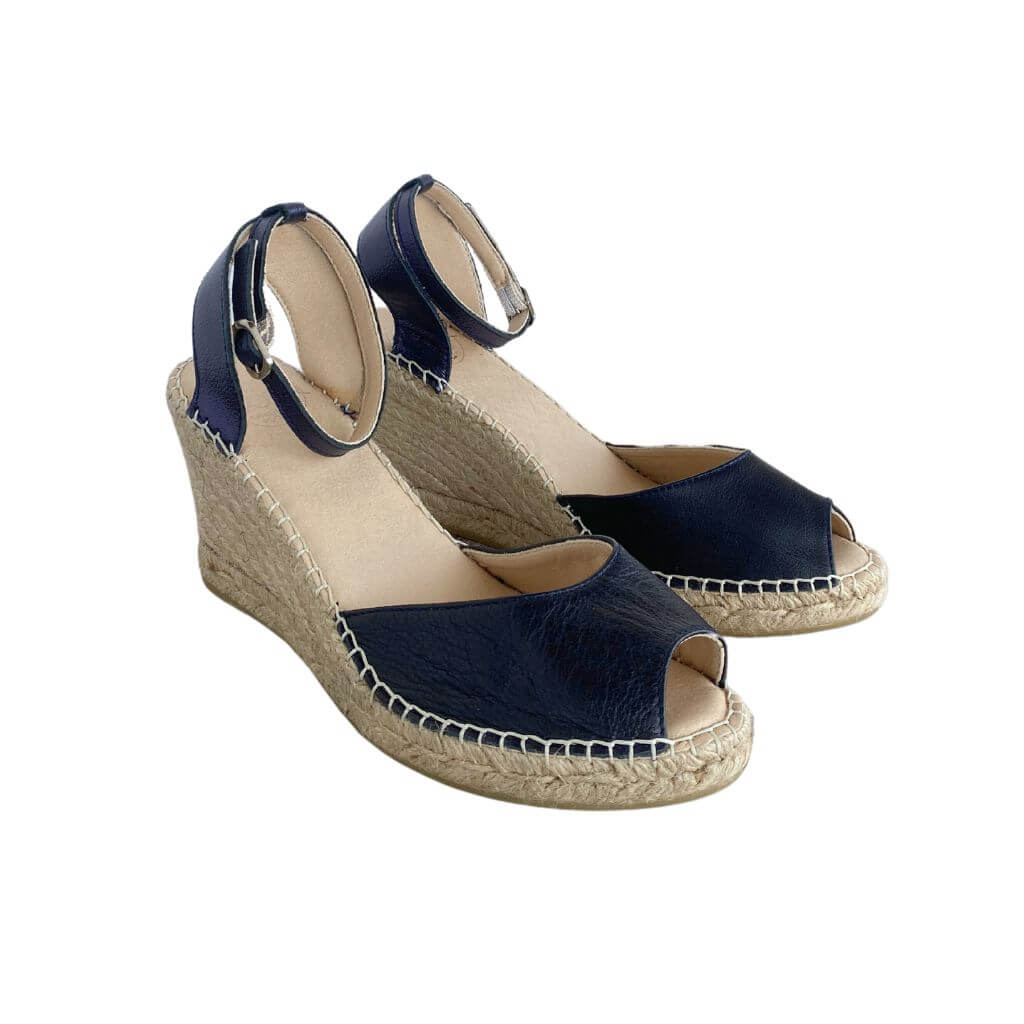 Peep Toe Espadrille Wedge in Navy - Shoeq