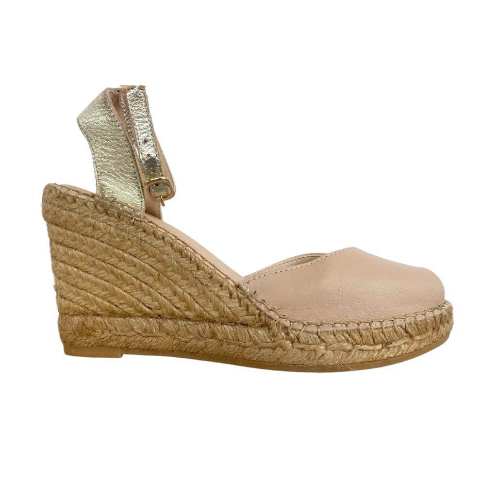 Peep Toe Espadrille Wedge in Sandy Champagne - Shoeq