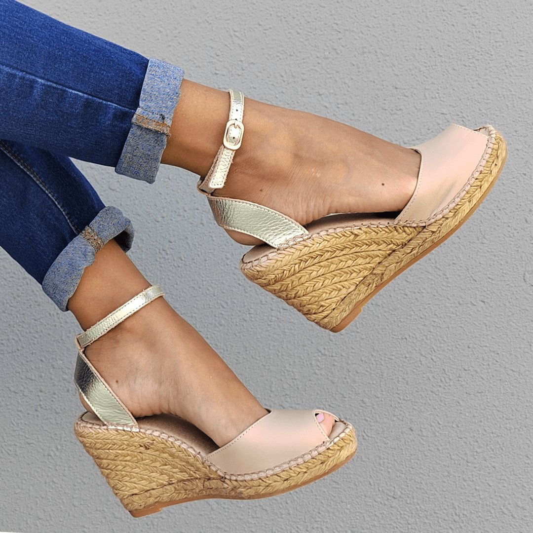 Peep Toe Espadrille Wedge in Sandy Champagne - Shoeq