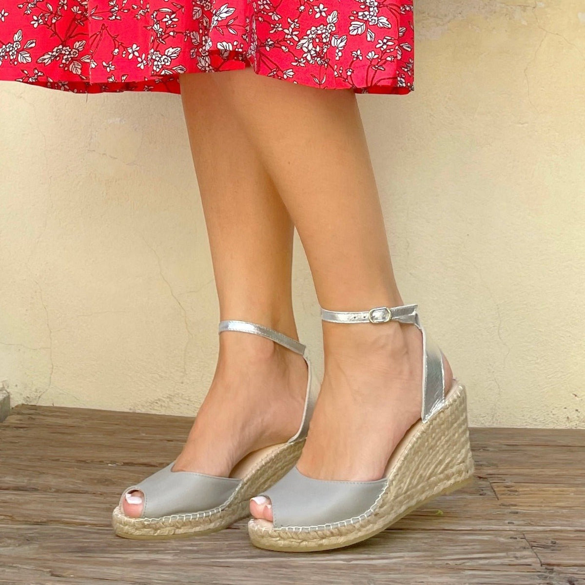 Peep Toe Espadrille Wedge in Silver Grey - Shoeq