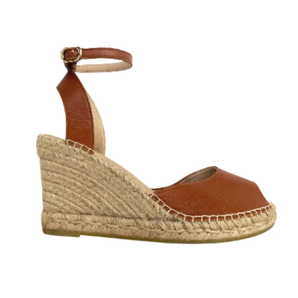 Peep Toe Espadrille Wedge in Tan - Shoeq